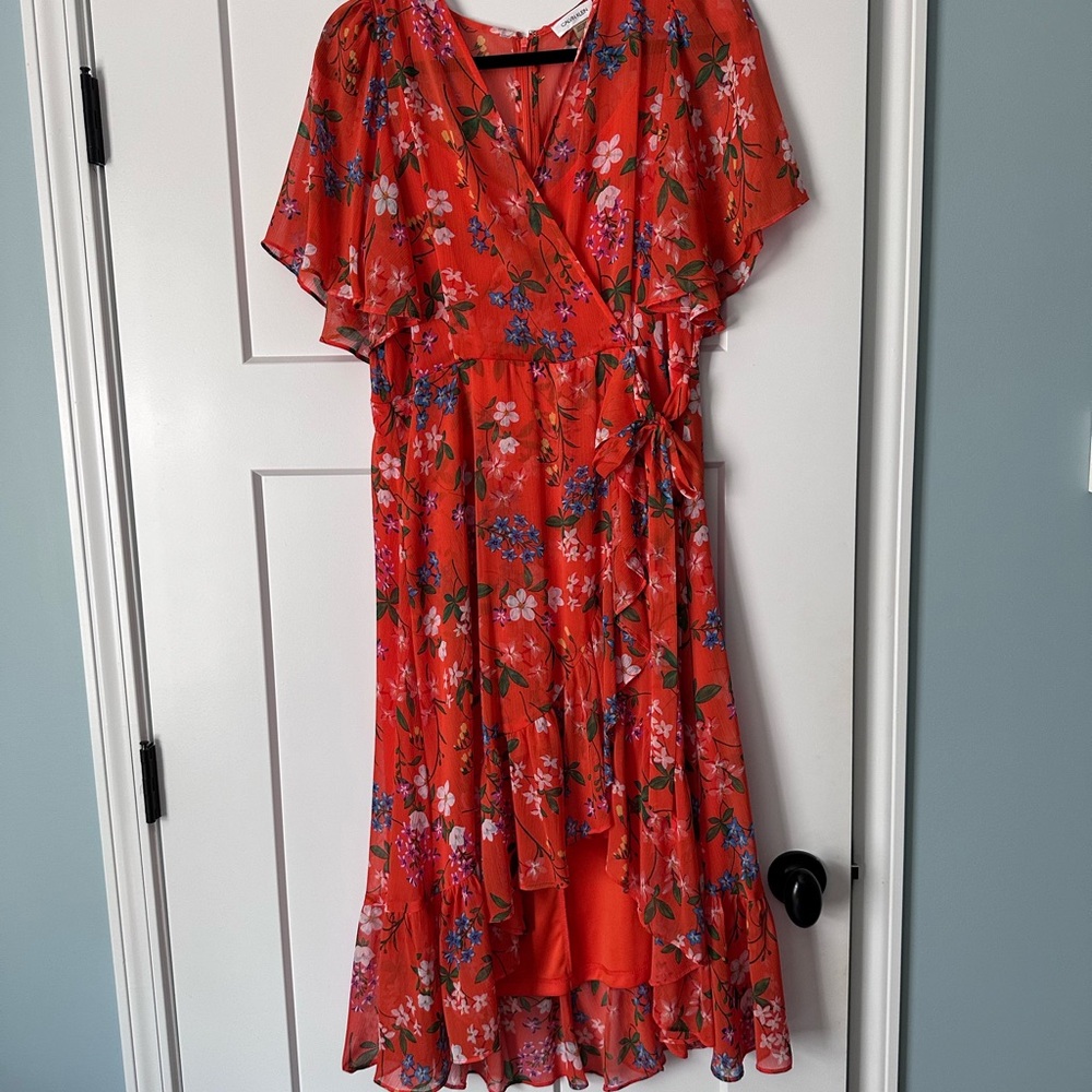 Calvin Klein Coral Red Floral High-Low Wrap Dress